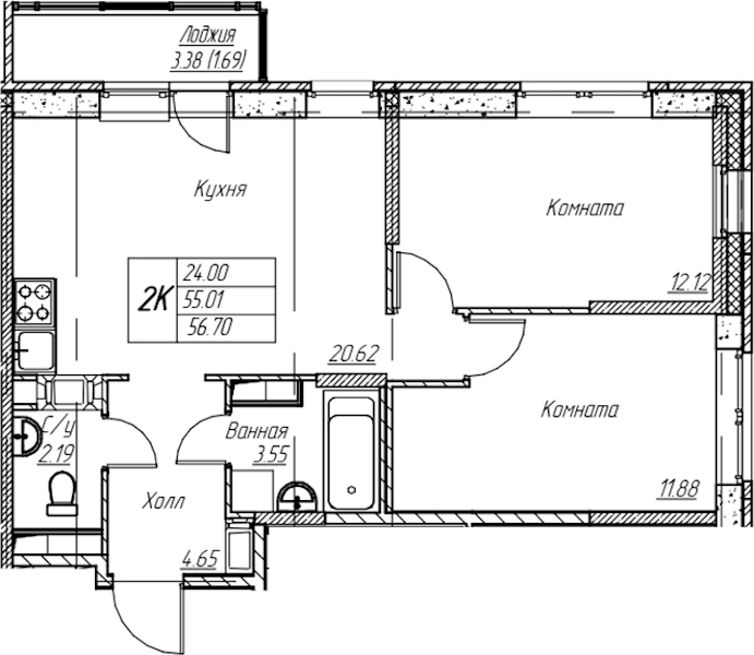 2-комнатная квартира 56.7 м², 5/22 эт., ЖК «Парк-квартал Юнтолово»